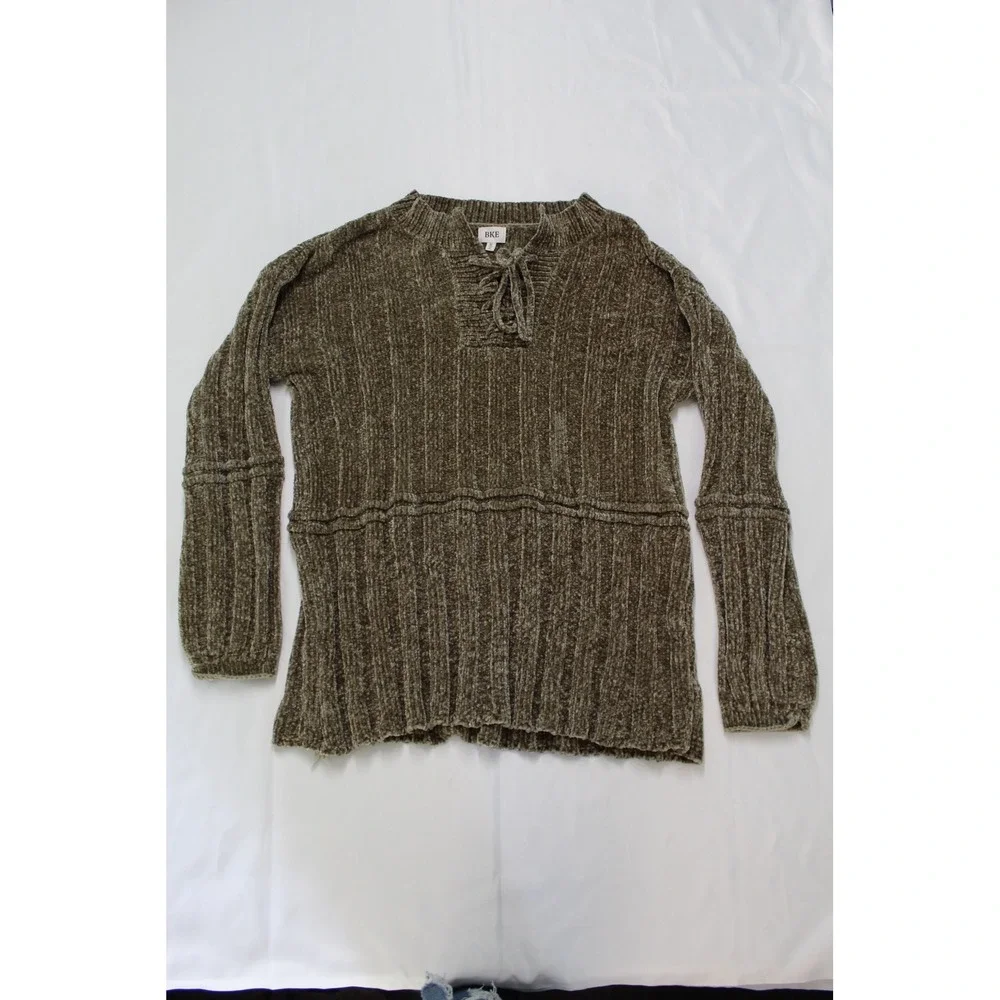 BKE Olive Green Chenille Lace Up Ribbed Sweater PSBK21128 Womens Medium